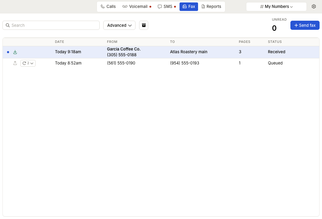 ZynoTalk Fax tab showing search, advanced filters, unread count, send fax action, and fax rows with direction, sender, recipient, pages, and status