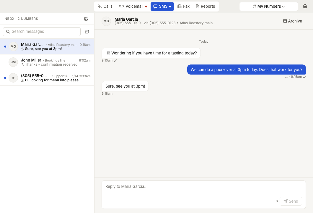 ZynoTalk SMS workspace showing channel tabs, My Numbers scope, conversation inbox, selected thread, archive action, and reply composer